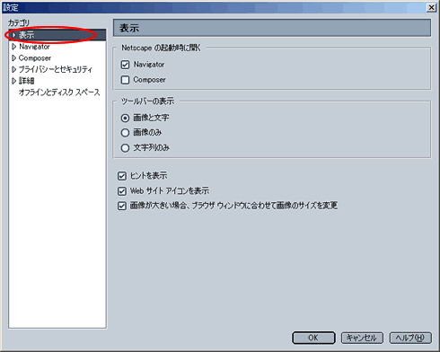 画像：設定の表示画面（ネットスケープナビゲータ）