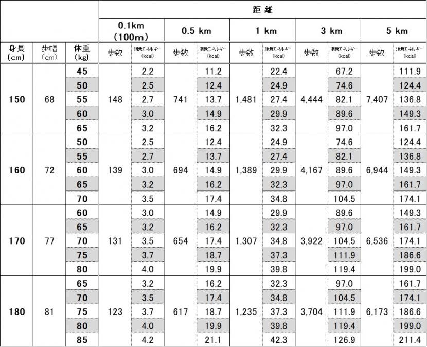 ウォーキングによる歩数・消費エネルギーの目安