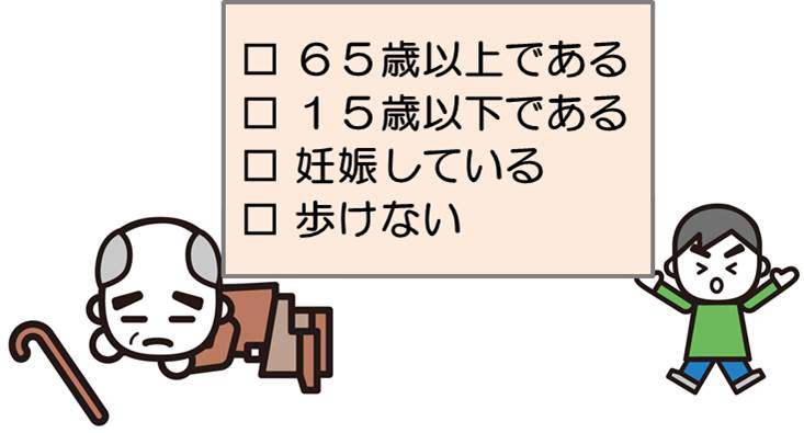 65歳以上である、15歳以下である、妊娠している、歩けない。