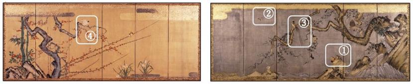 画像／花鳥図屏風（左隻と右隻）鳥に注目
