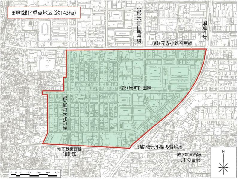 卸町緑化重点地区の地図