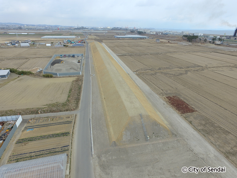 かさ上げ道路の盛土工事が完成（岡田新浜地区）