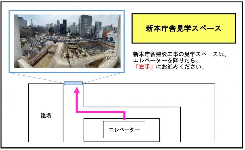8階エレベーターホールから見学スペースまでの道順